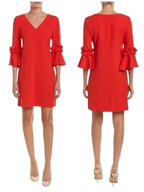 Jessica Howard Red V-Neck Shift Dress with Ruffle Bell Sleeves Size 6P